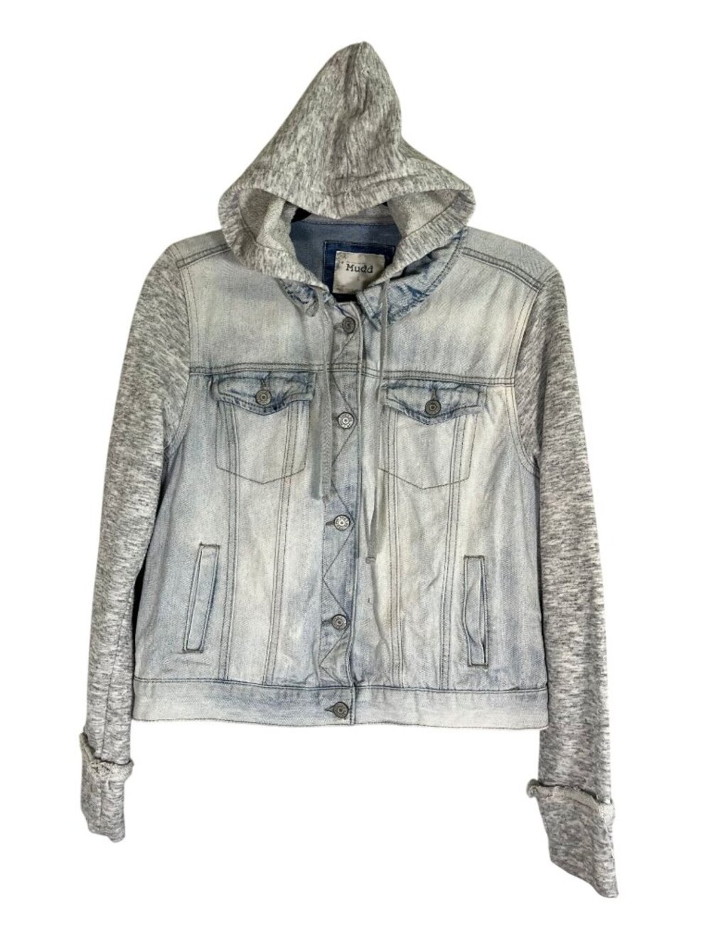 Retro Y2K Denim Jean Hood Jacket Blue L Western Boho Skater Grunge Concert 90s